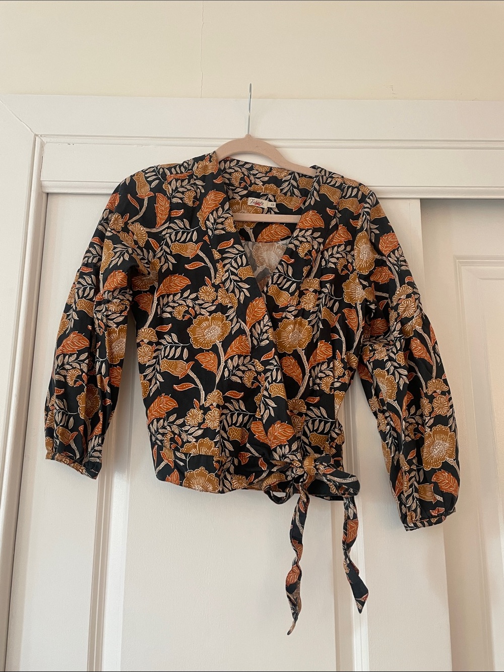 Faherty Black Floral Tie-Waist Wrap Blouse